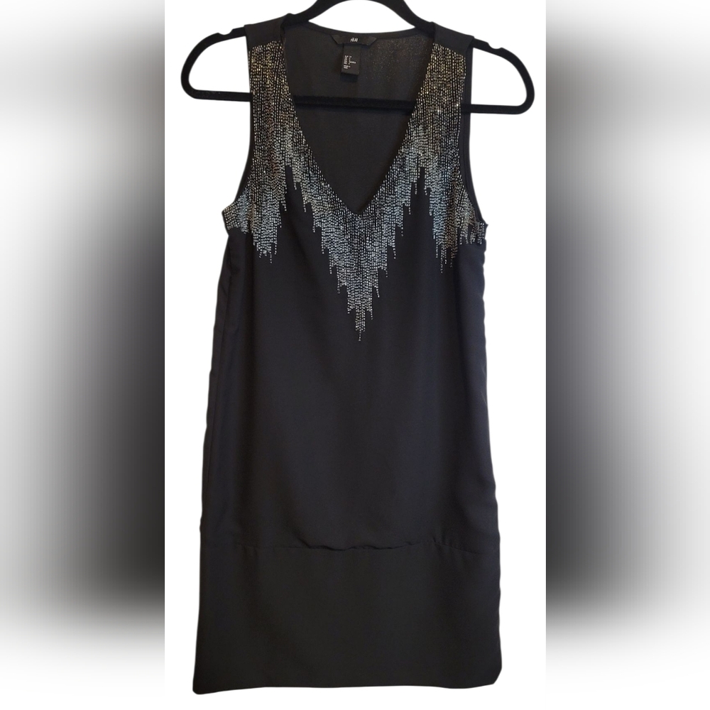 H&M Black Beaded V-Neck Mini Dress